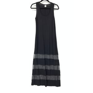 Enti Jersey Maxi Dress Womens Size Medium Sheer Striped Hem Black Scoop Neck